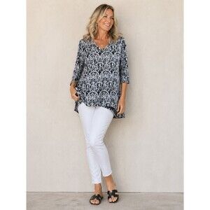 Tianello Black Damask Print Leyton Tunic Top M Delicate Quiet Luxury Romantic